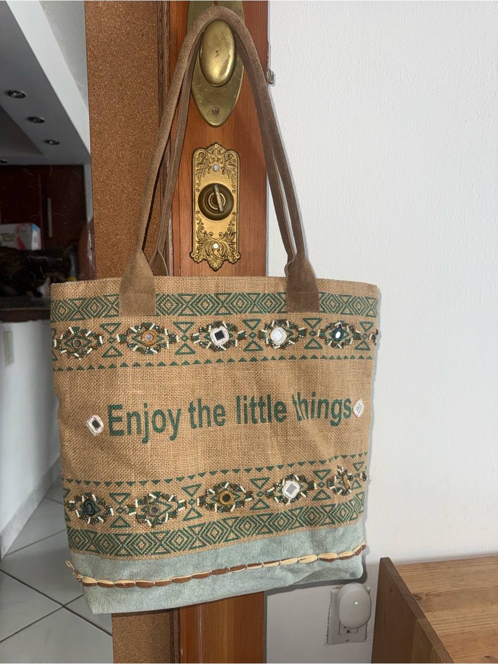 Large Boho Tote Bag Brown/Green/Gray Beaded Embroidered Suede Handles